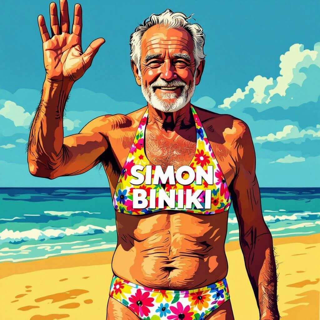 Elderly Man in Floral Bikini Waves Hello on Beach