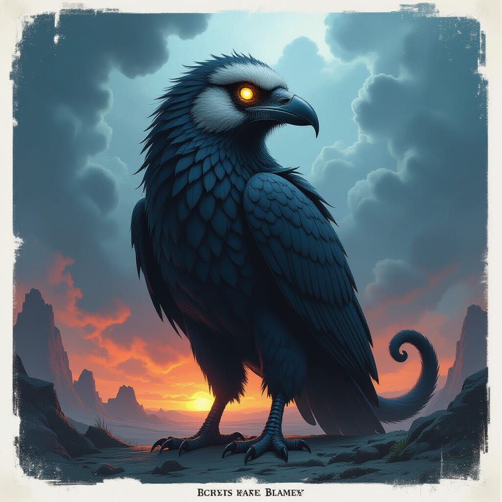 Dark Fantasy Bird Creature in Stormy Alien Landscape