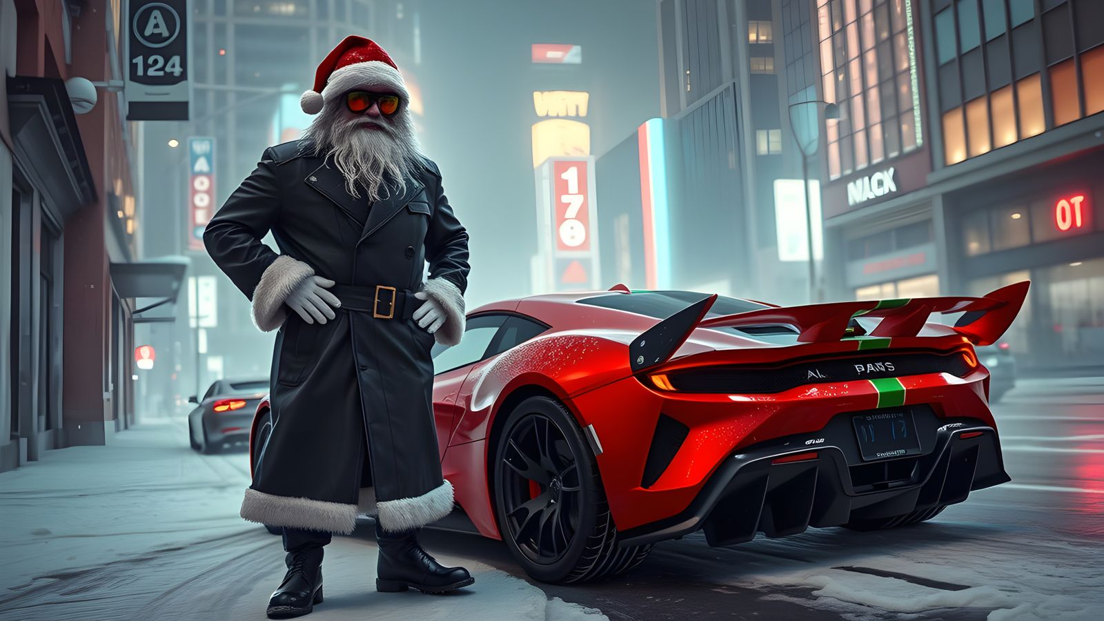Cyberpunk Santa with Christmas Supercar
