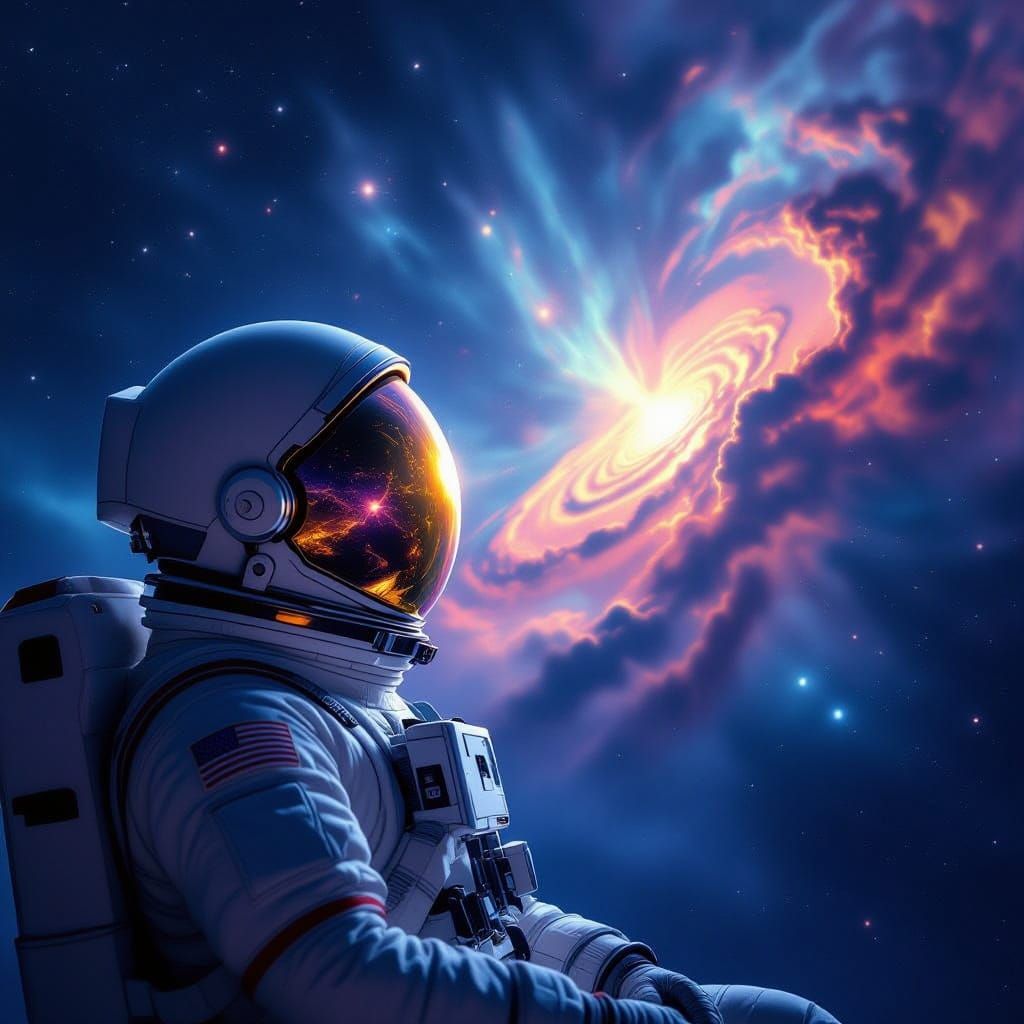 Astronaut Adrift Gazing at Bioluminescent Nebula in Deep Spa...