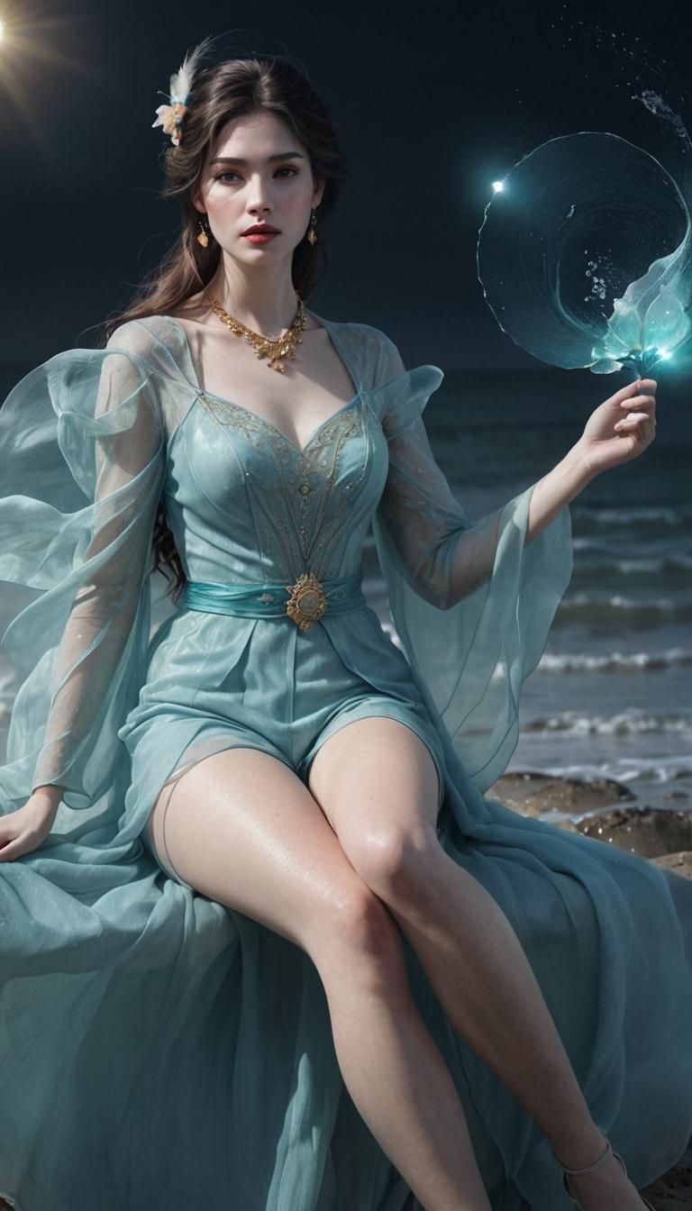 Ethereal Beauty on the Beach: Art Nouveau Portrait