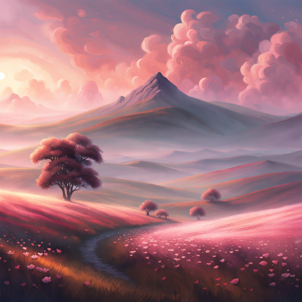Dreamlike Pastel Landscape with Rose Petals in Ethereal Ligh...