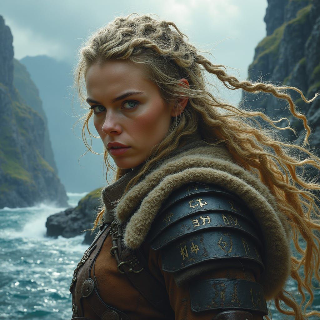 Viking Warrior Queen in Stormy Fjord Landscape