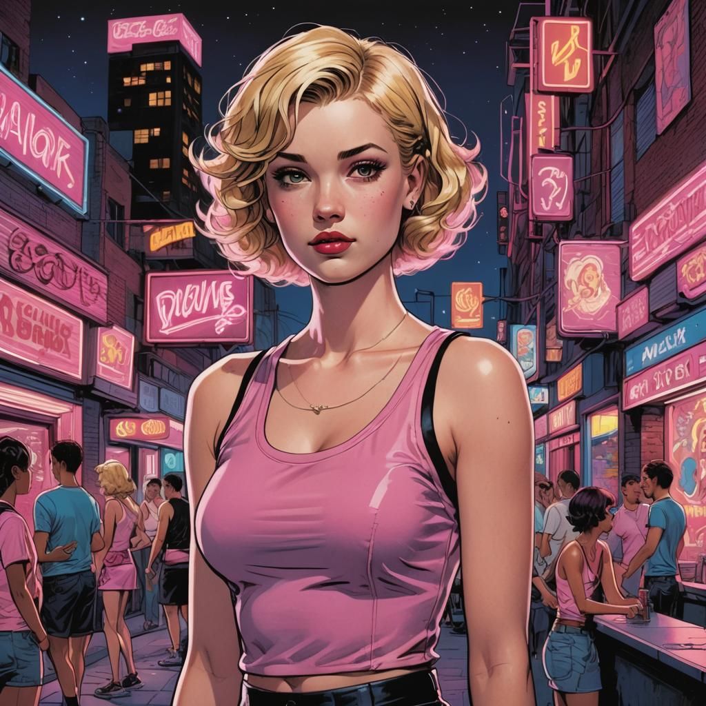 Woman in Pink Outside Neon Lit Club, Comic Book Art