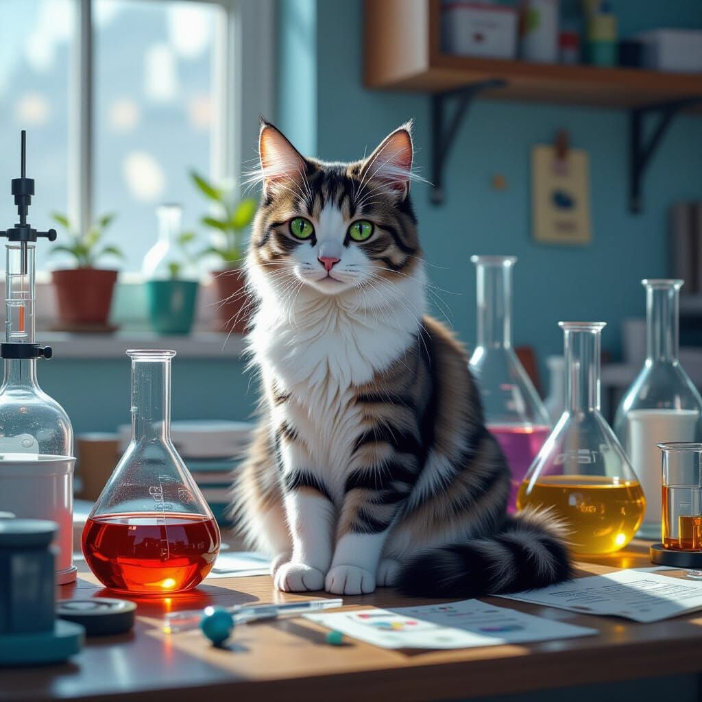 Cat in Chemistry Lab: Hyperrealistic Digital Art