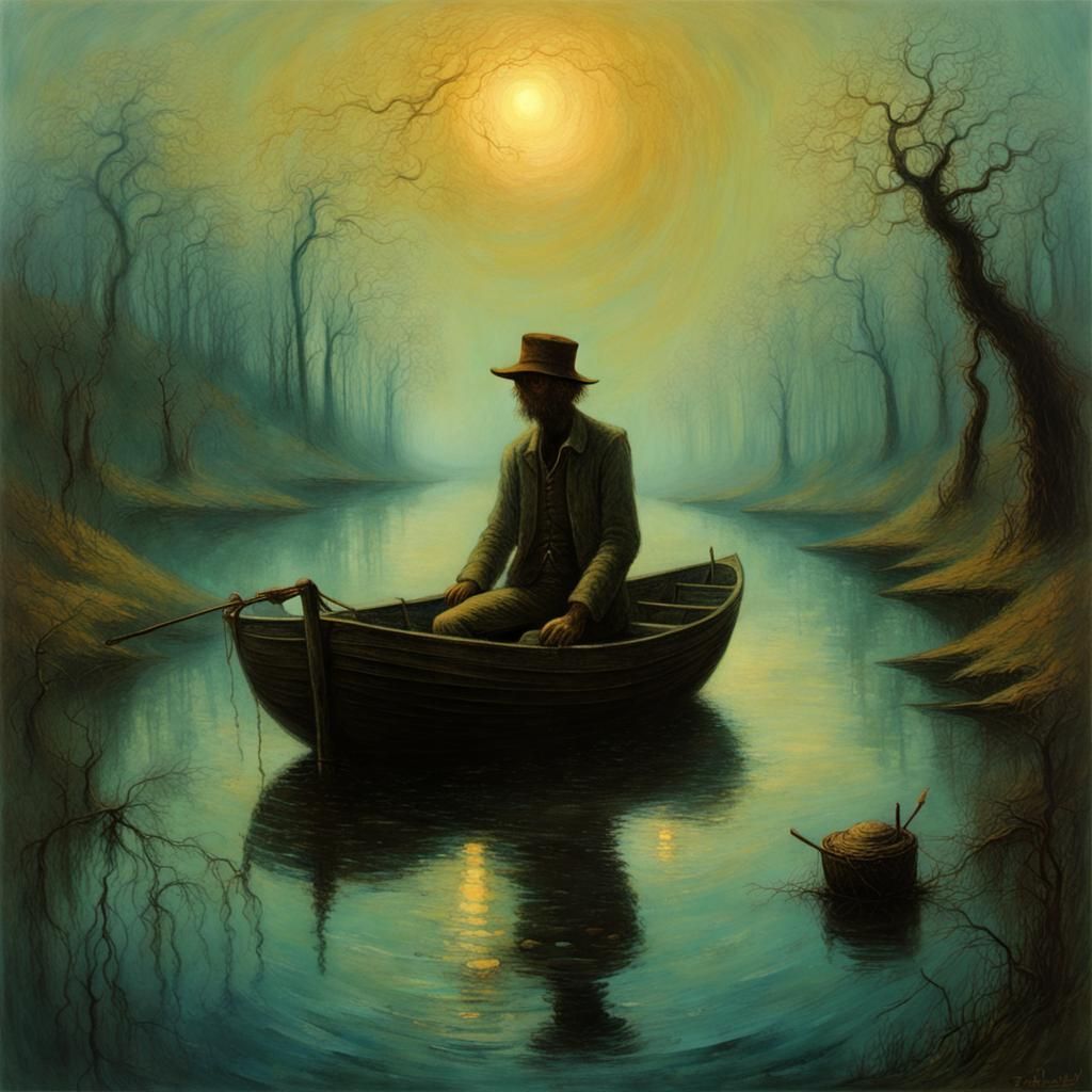 Dystopian Huckleberry Finn in Surrealist Style