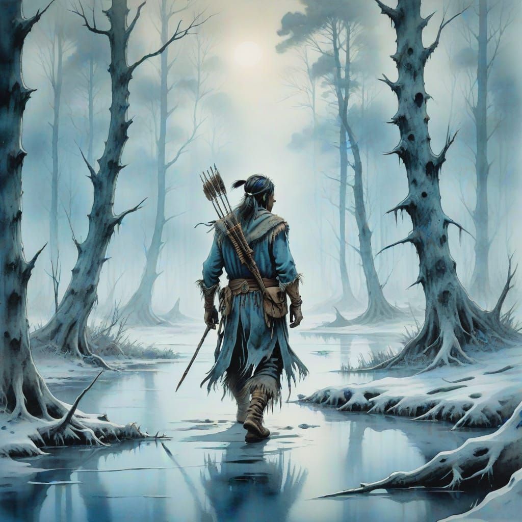 Ethereal Algonquian Warrior in Frozen Wilderness