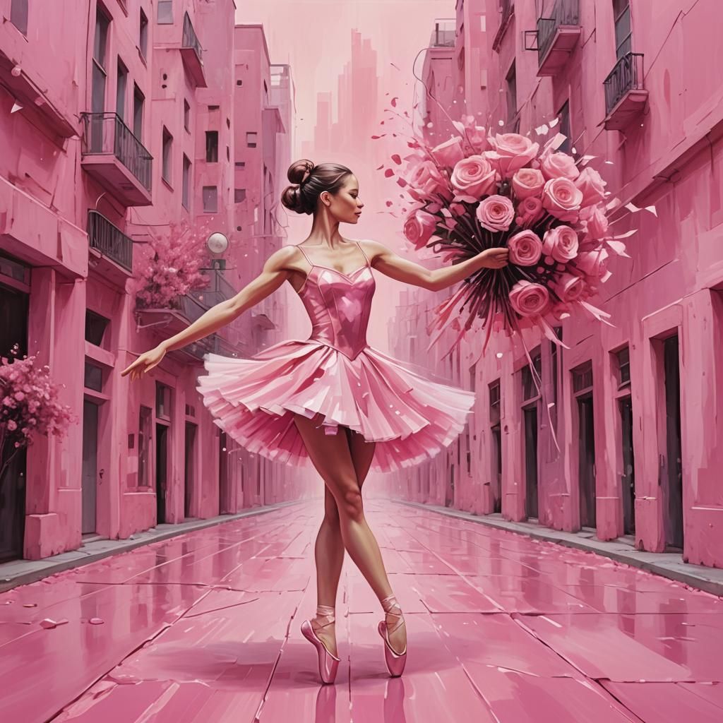 Pink Ballerina Dances with Bouquet in Future City