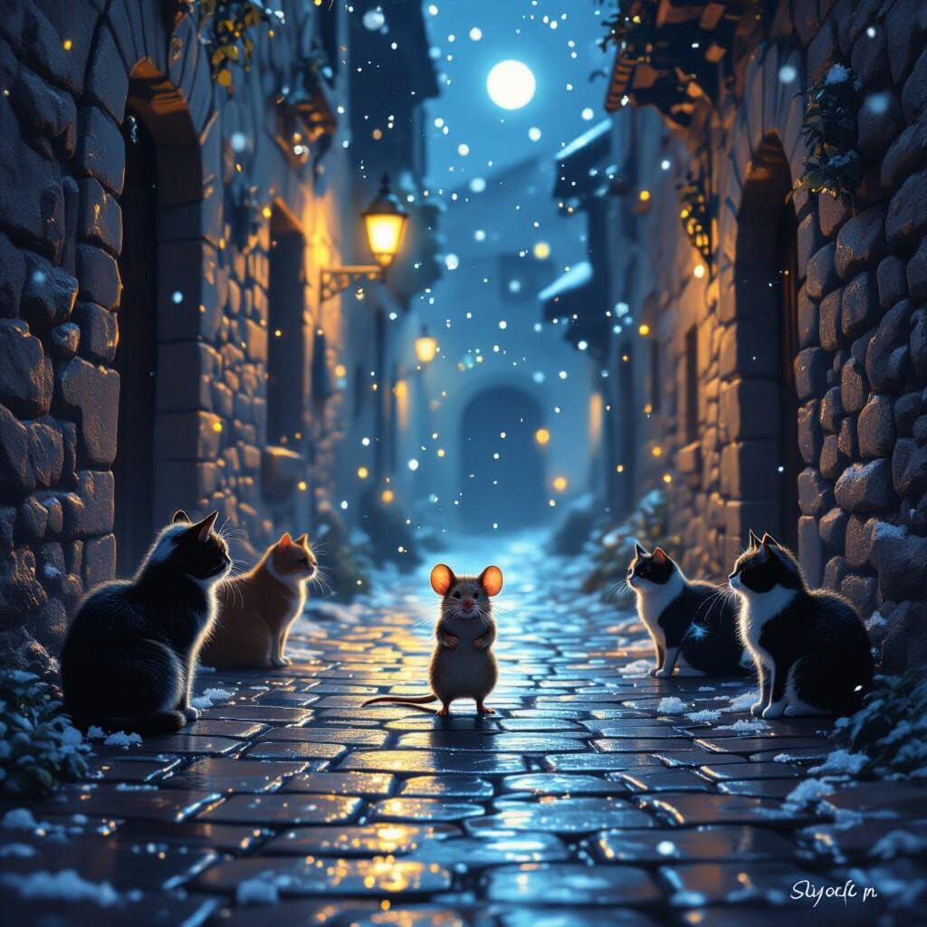 Surreal Mouse and Cats in Moonlit Alley
