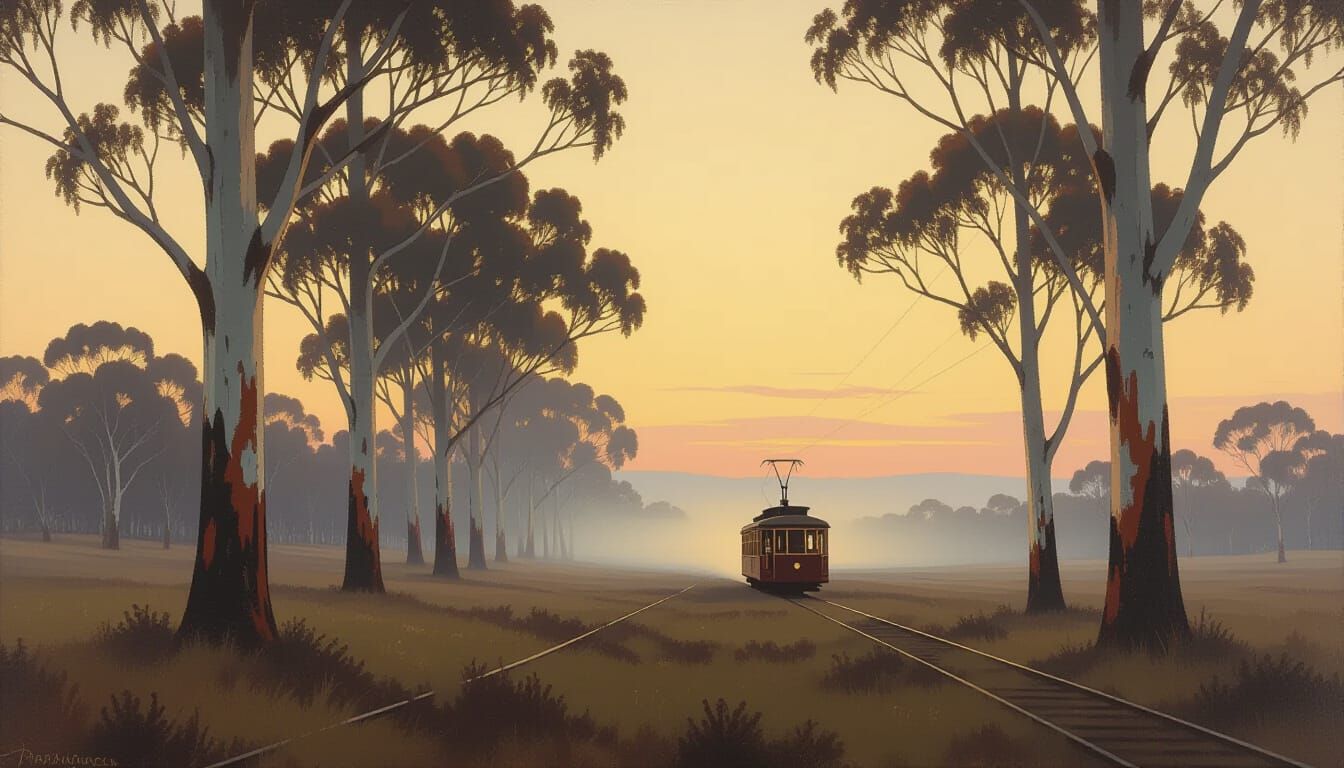 Spectral Tram in Misty Australian Twilight Landscape