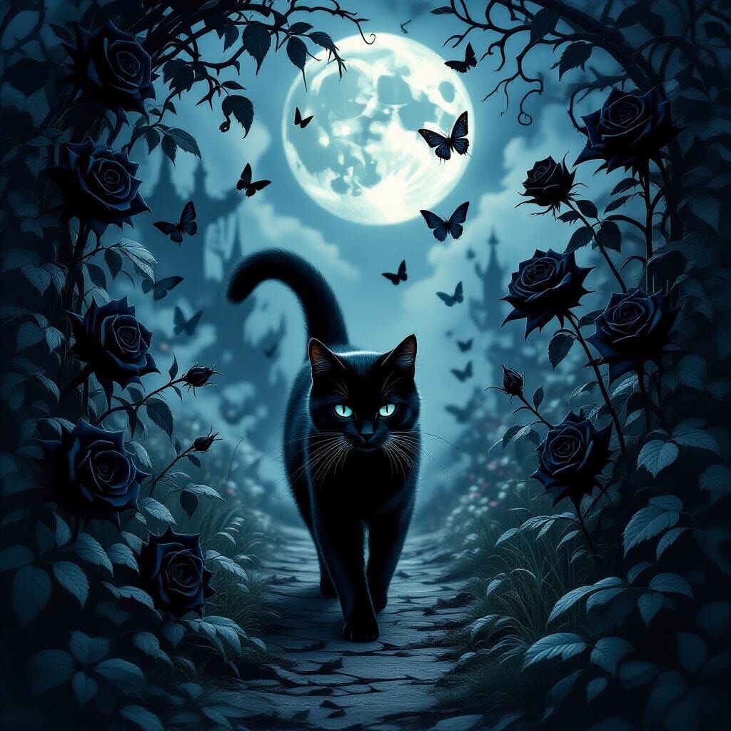 Mysterious Black Cat in Moonlit Gothic Garden