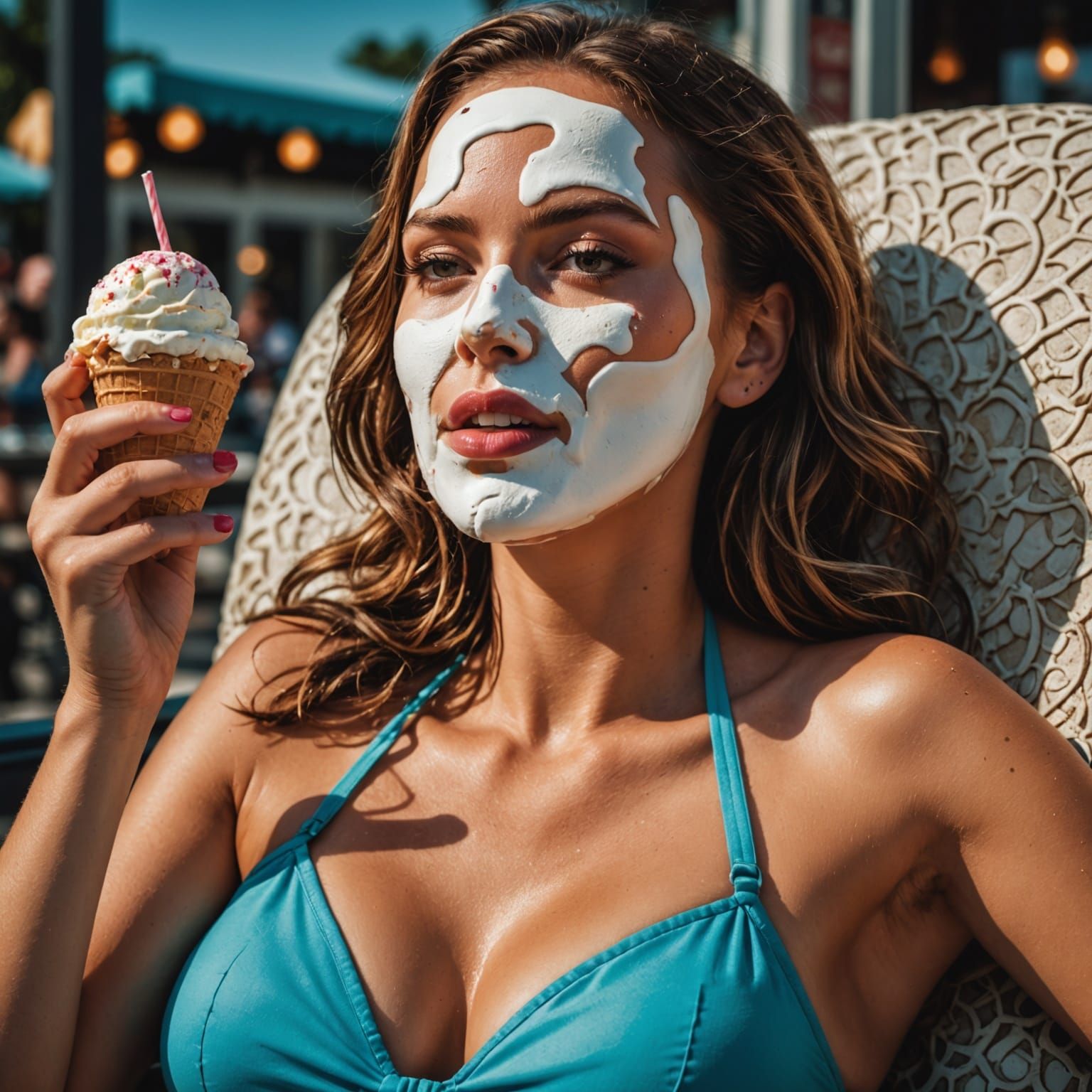 Hyperrealistic Bikini Woman Enjoys Ice Cream
