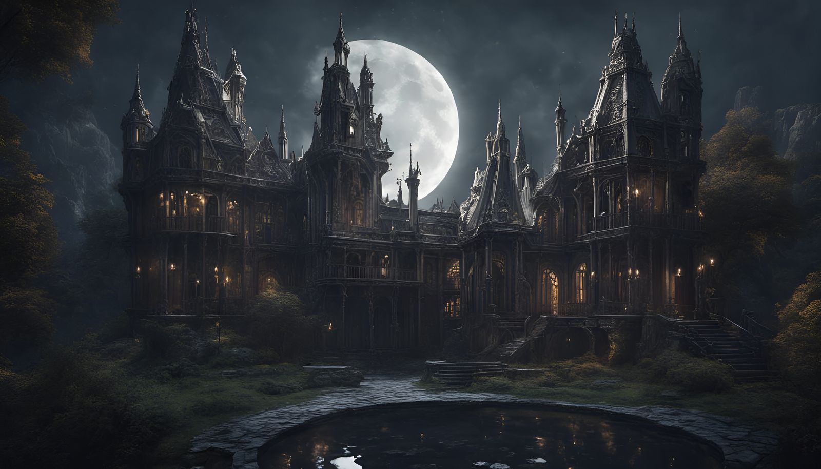 Detailed Gothic Palace in Cascading Moonlight