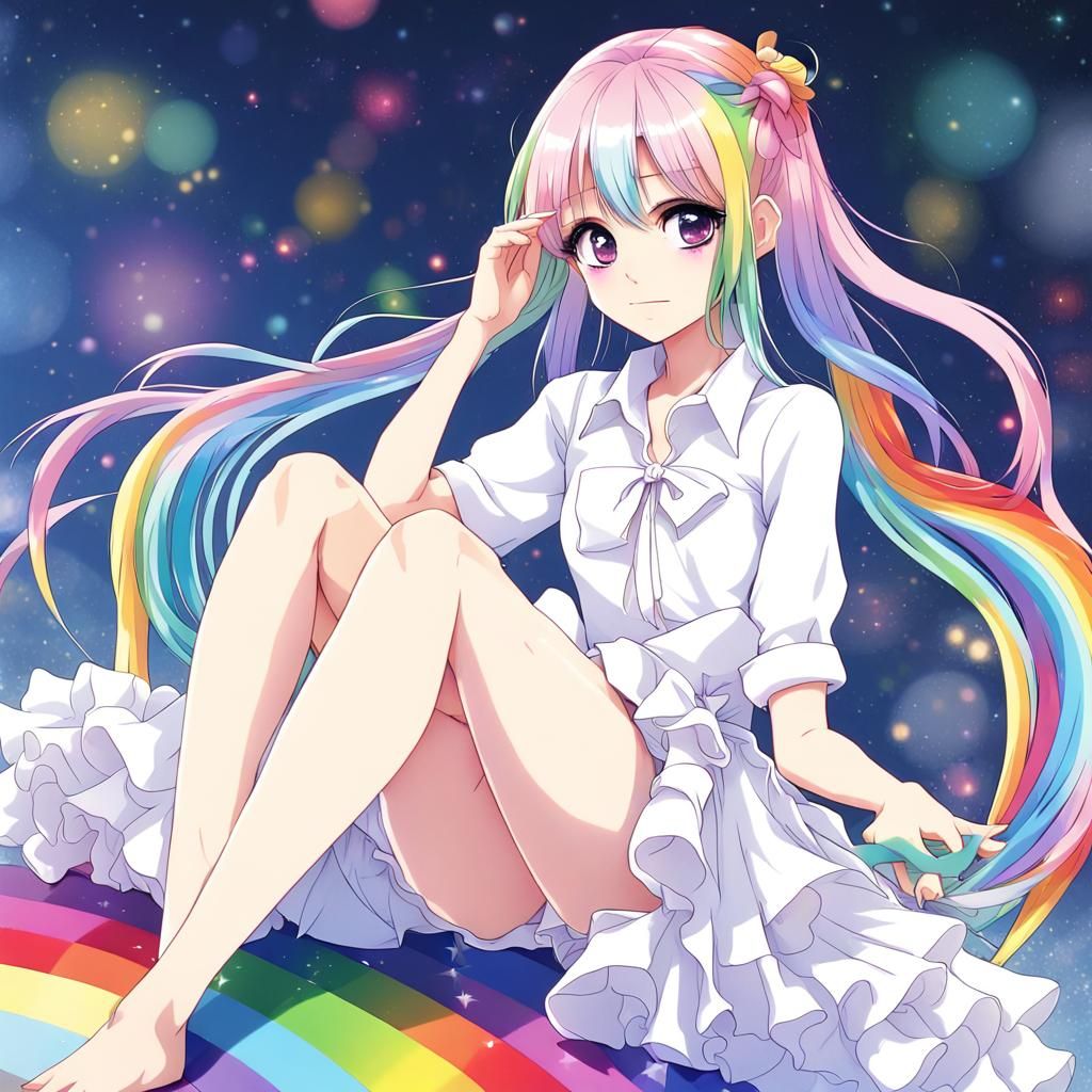 Anime Girl with Rainbow Hair and Eyes on Rainbow