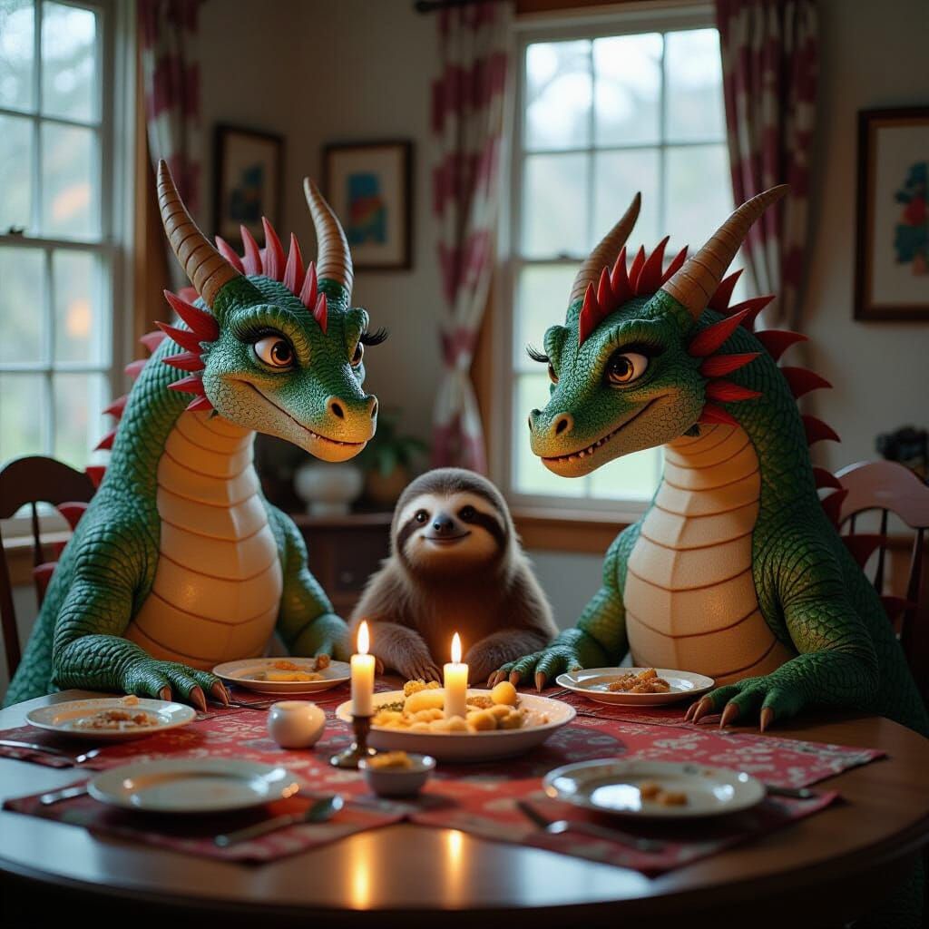Dragons and Sloth Feast by Candlelight, Cinematic Film Still
