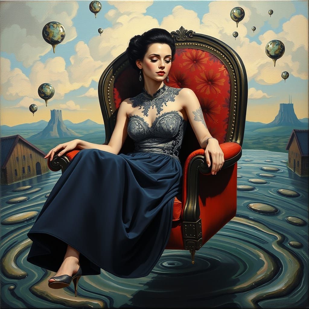 Surrealist Woman in Dreamlike Scene, Suspended in Mid-Air