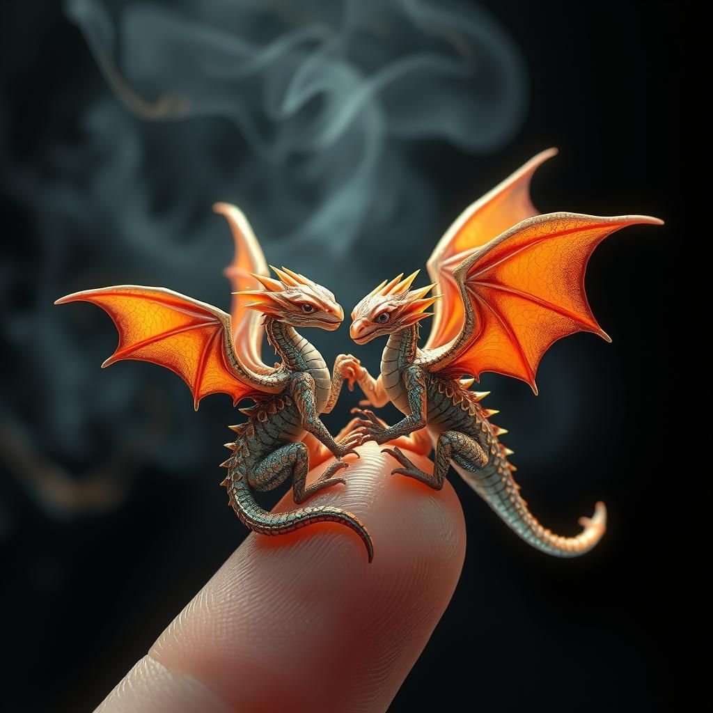 Iridescent Twin Dragons on a Fingertip