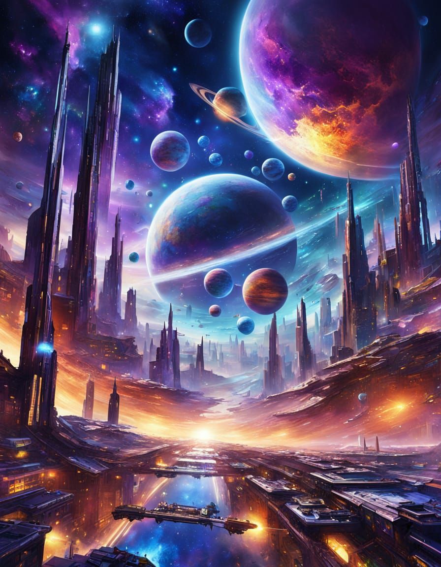 Futuristic Cityscape Floating in Space as Oil Painting