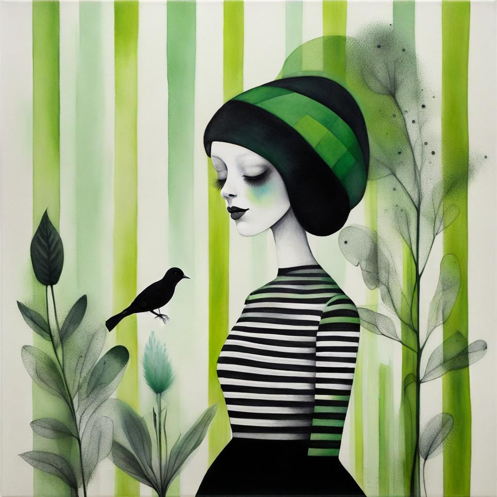 Whimsical Bird Birder Painting in Stripes and Shapes