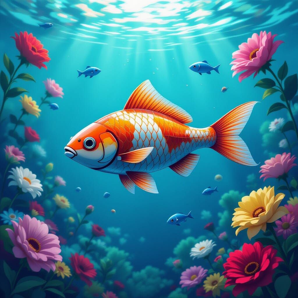 Robotic Fish in Floral Aquarium Digital Painting
