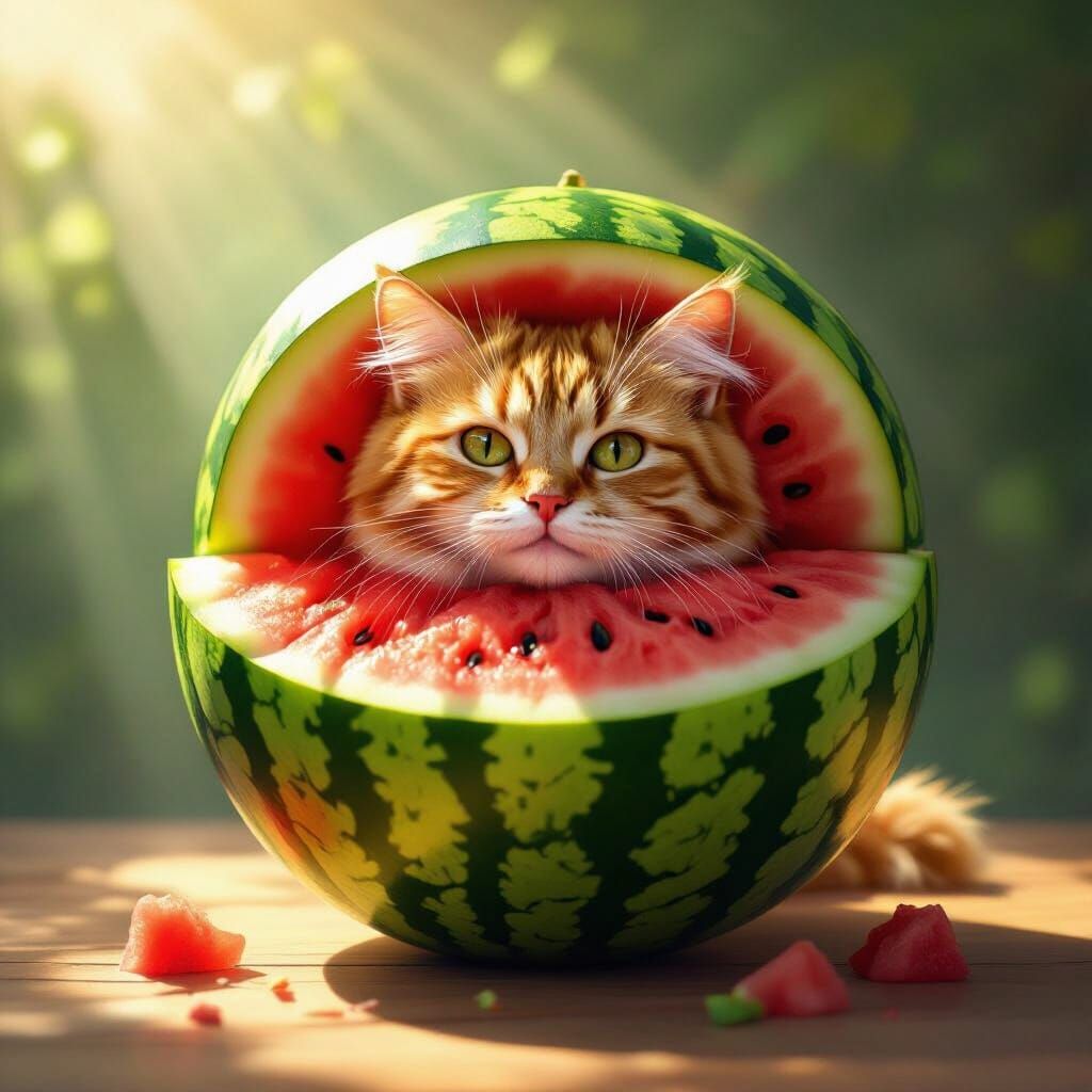 Ginger Cat Peeking From Spherical Watermelon in Dramatic Lig...