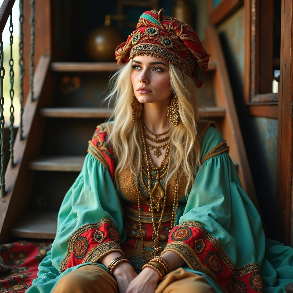 Gypsy Woman Portrait with Steampunk Caravan