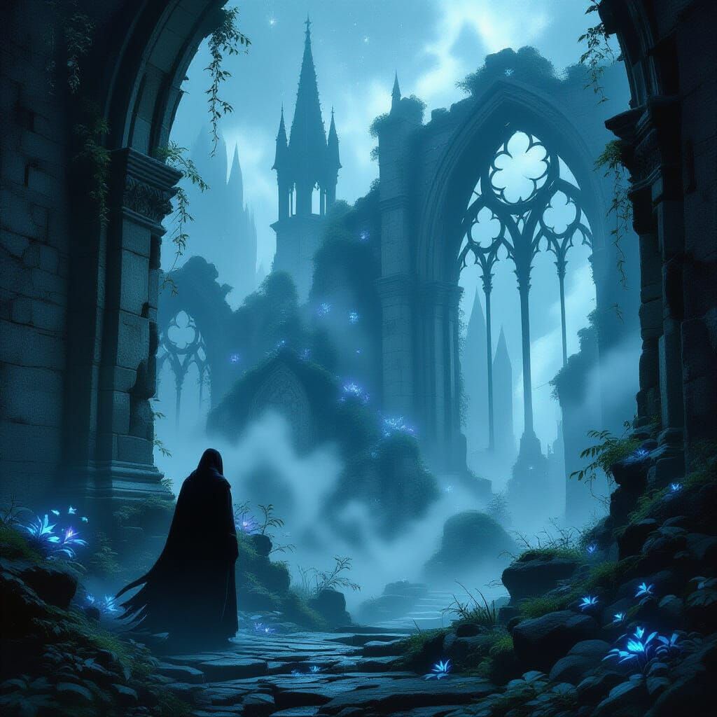 Lone Figure in Bioluminescent Gothic Ruins
