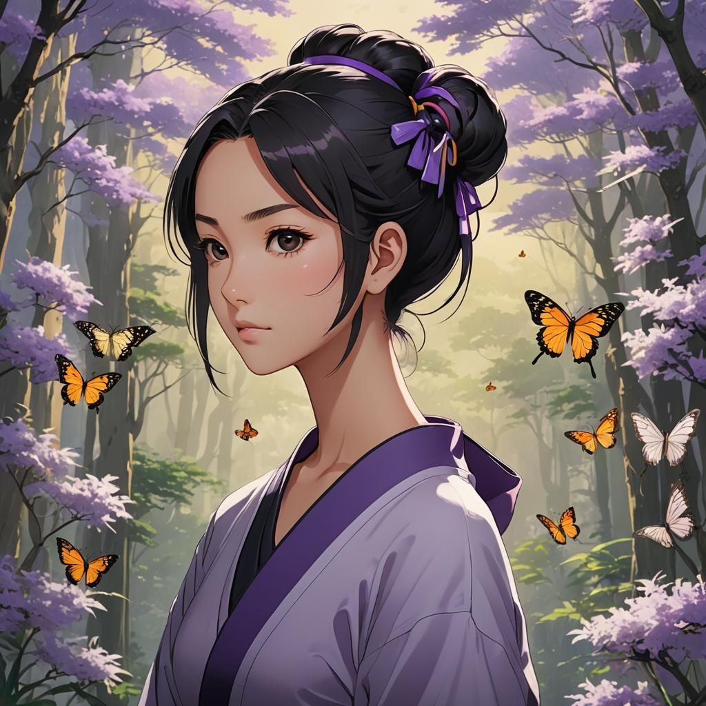 Anime Key Visual of Confident Woman with Butterfly Pin