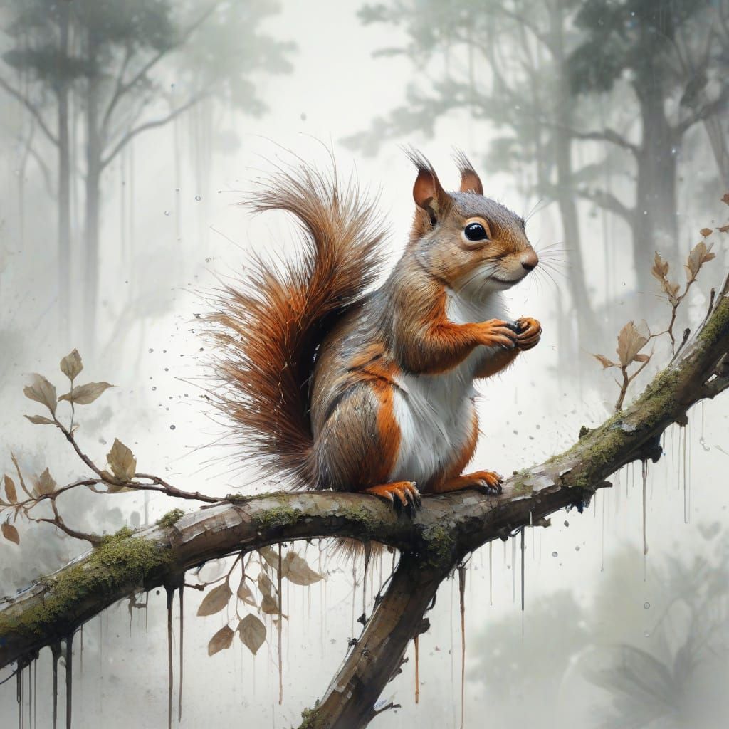 Rainy Woodland Scene with Squirrel in Watercolor Style