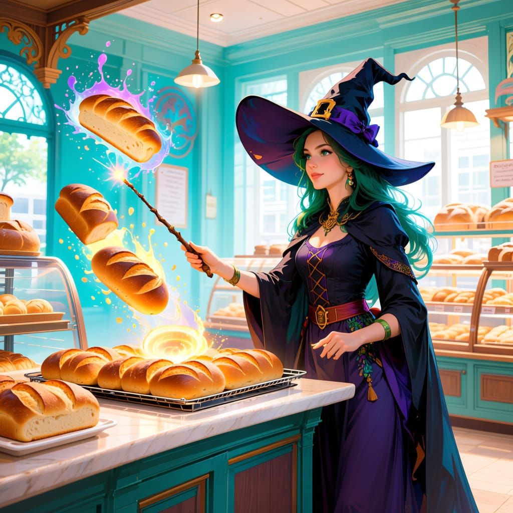 Magical Witch Levitates Bread in Airy Bakery