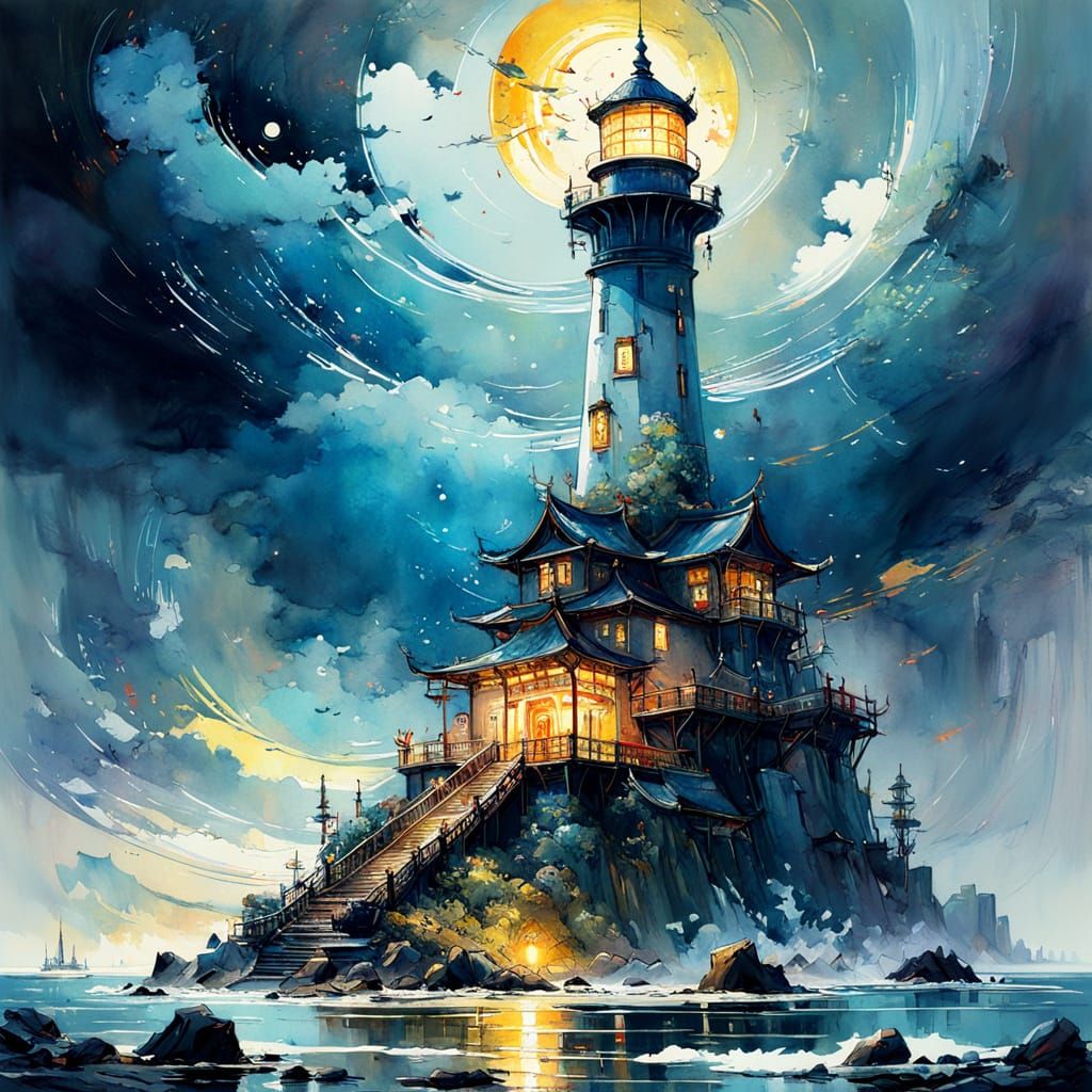 Oriental Gold and Silver Lighthouse in Watercolour