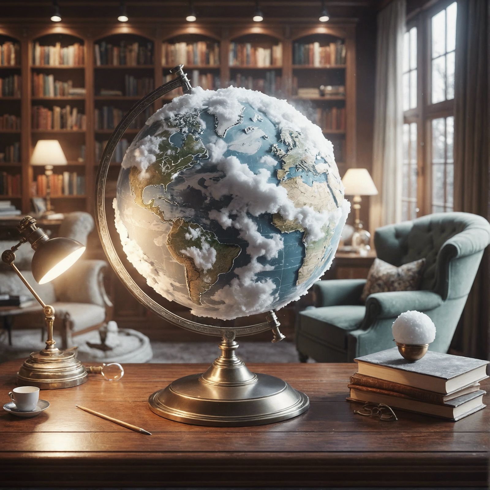 Snow Globe Earth in Cozy Library