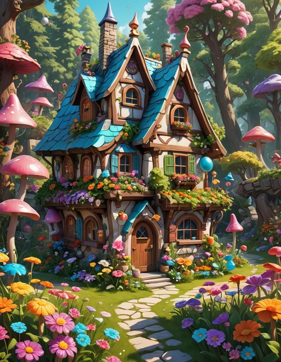Candy Art Gnome Home in Summer Flowers