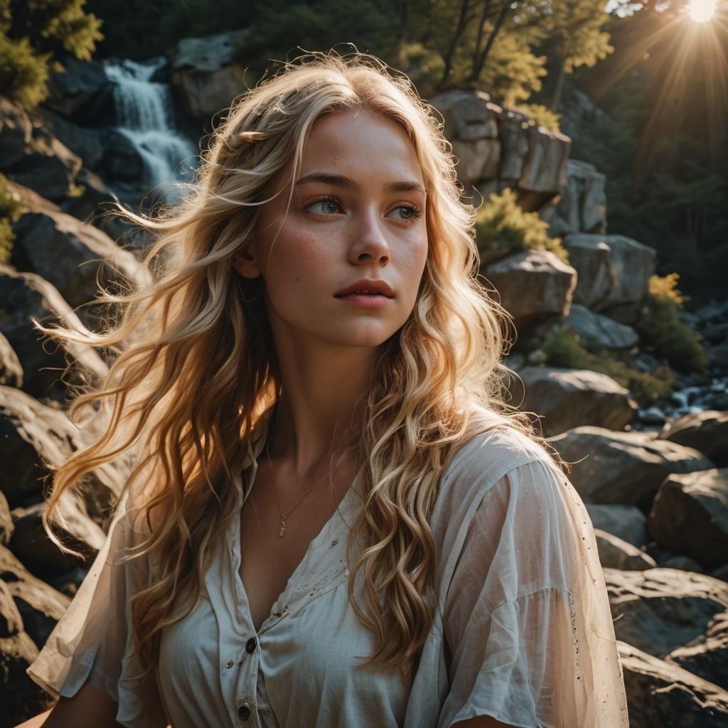 Blonde Beauty Beneath Waterfall in Cinematic Lighting