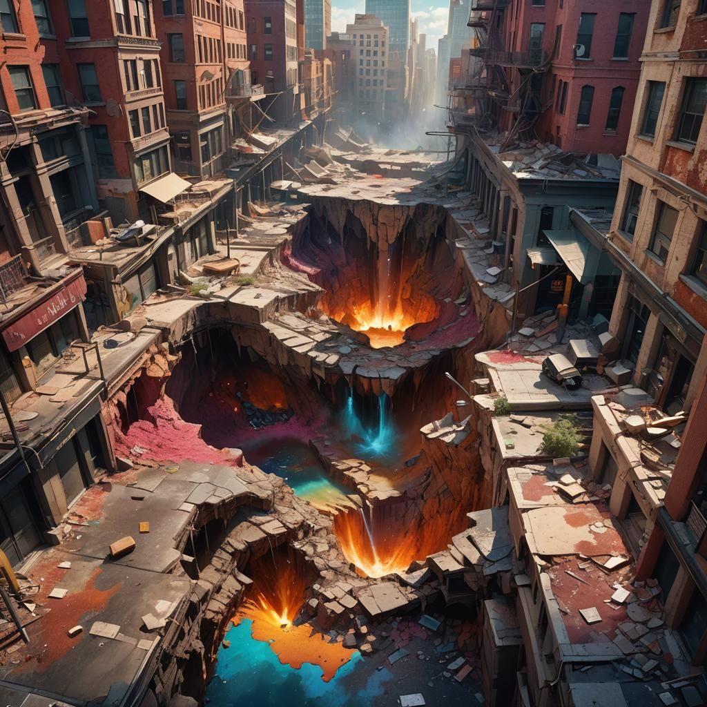 Hyperrealistic City Buildings Crumbling into Sinkholes