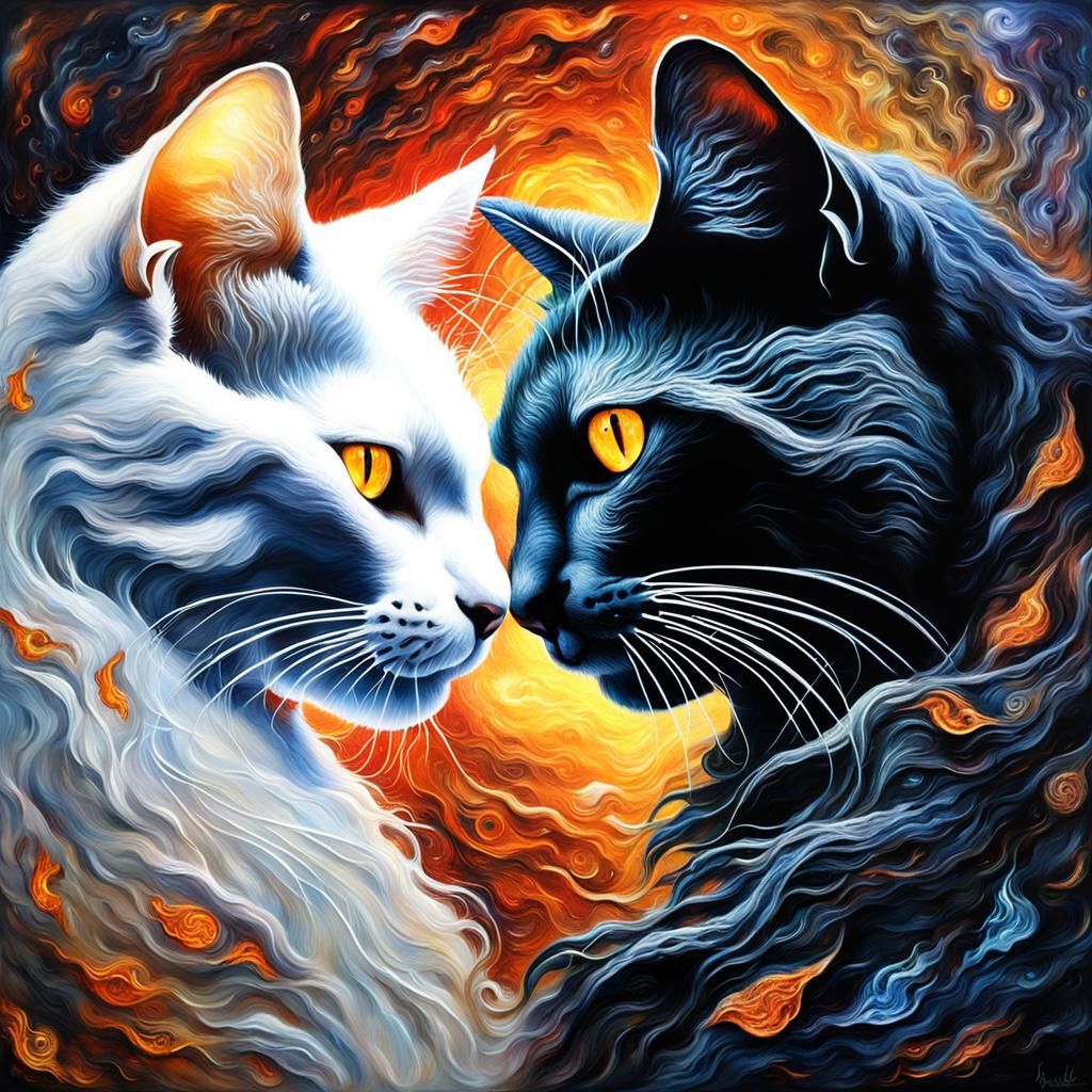 Yin Yang Cats in Sculptural Painting Style