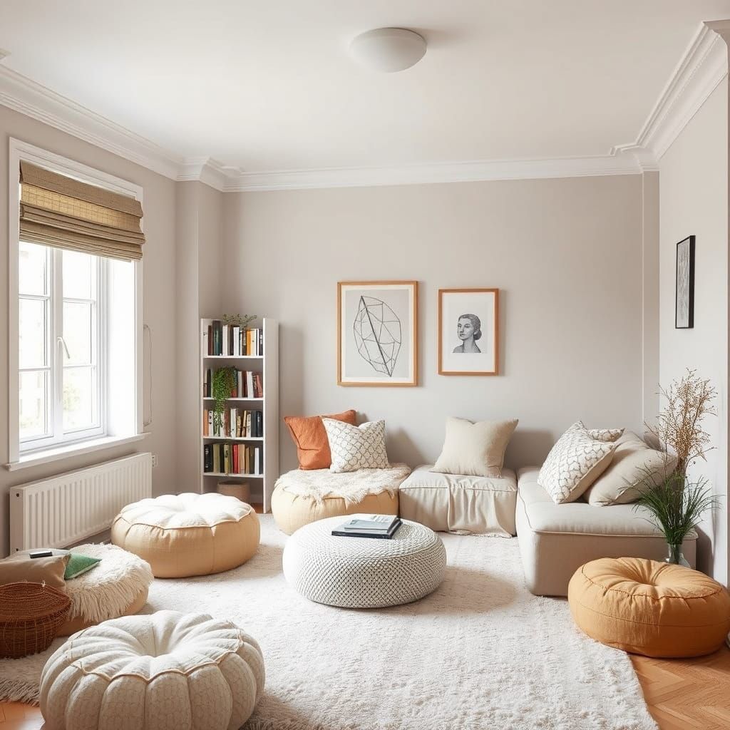 Cozy Reading Nook with Spongy Poufs in Muted Colors
