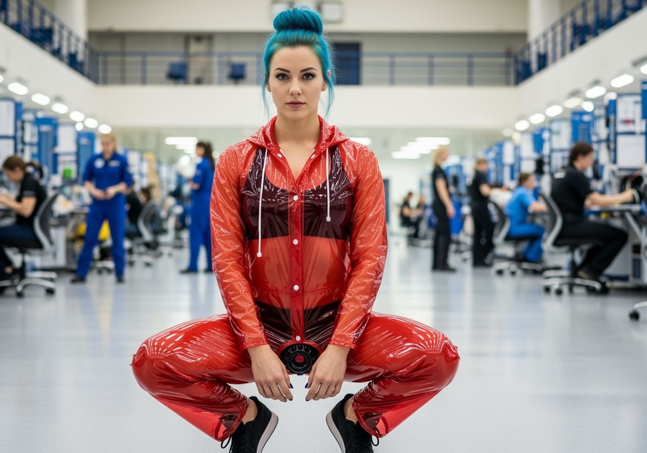Woman in PVC Suit at Space Center