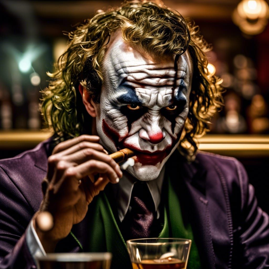 Hyperrealistic Joker Glaring in Moody Bar Scene