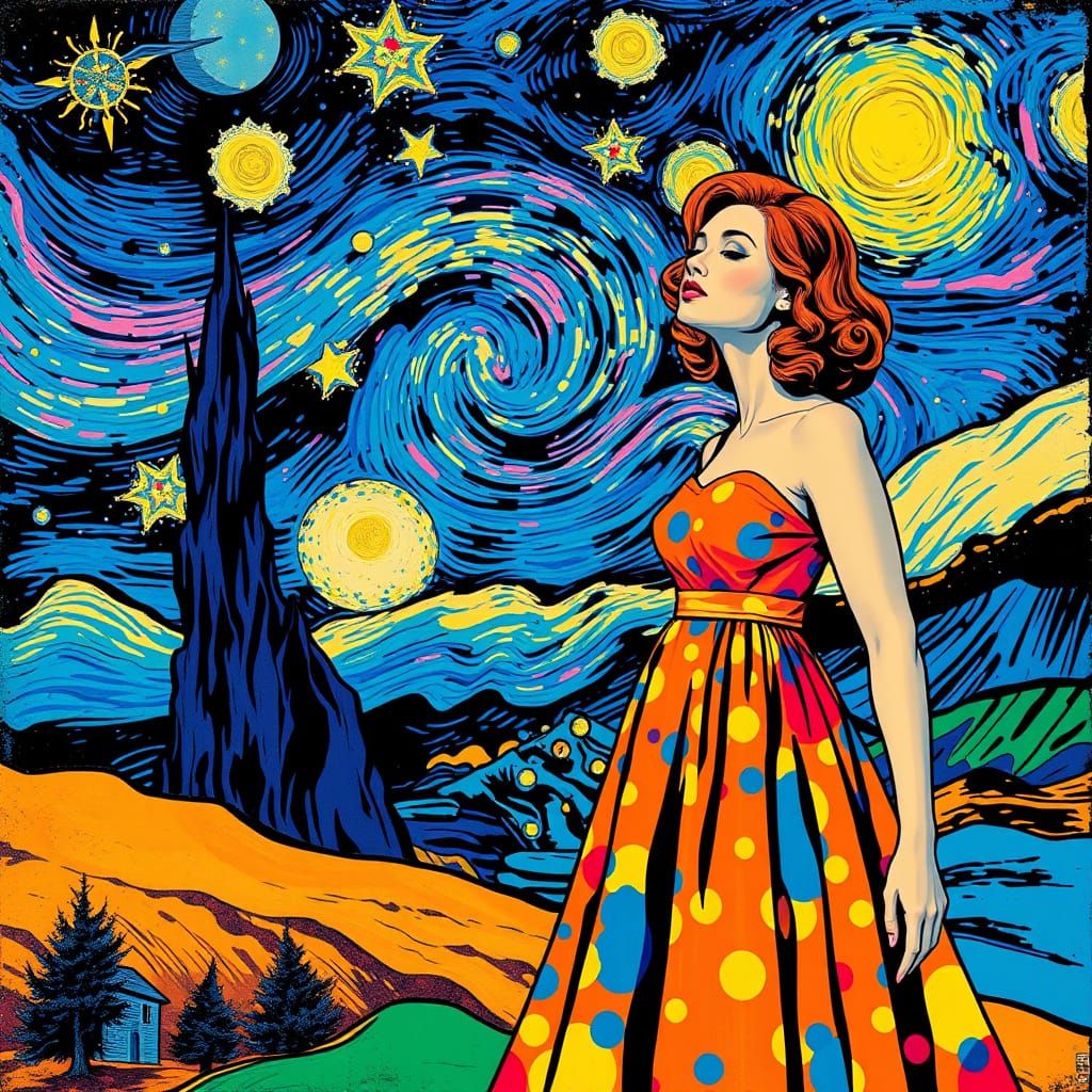Pop Art Meets Post-Impressionism in Vibrant Starry Night Sce...