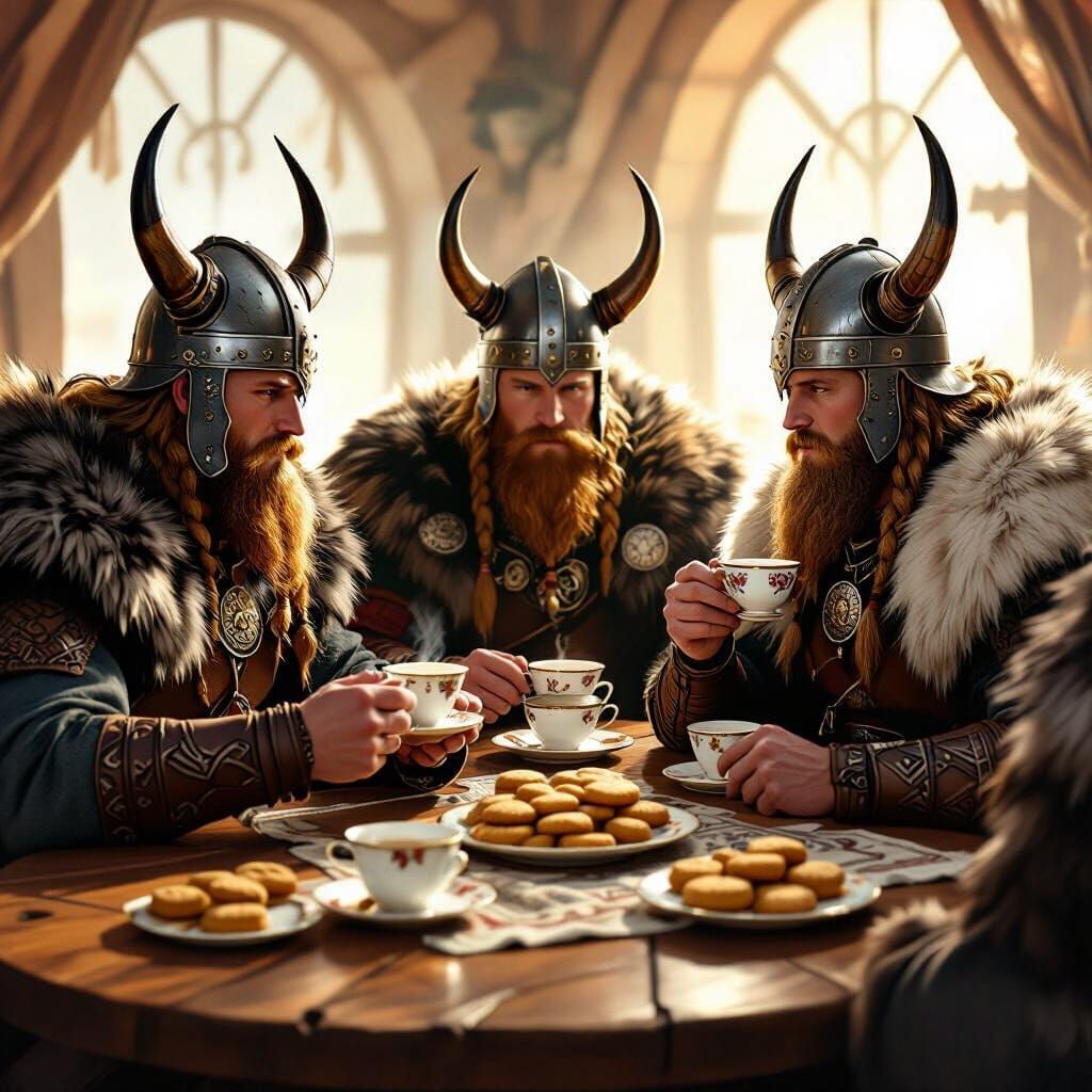 Vikings' Tea Party: A Cozy Fantasy Scene