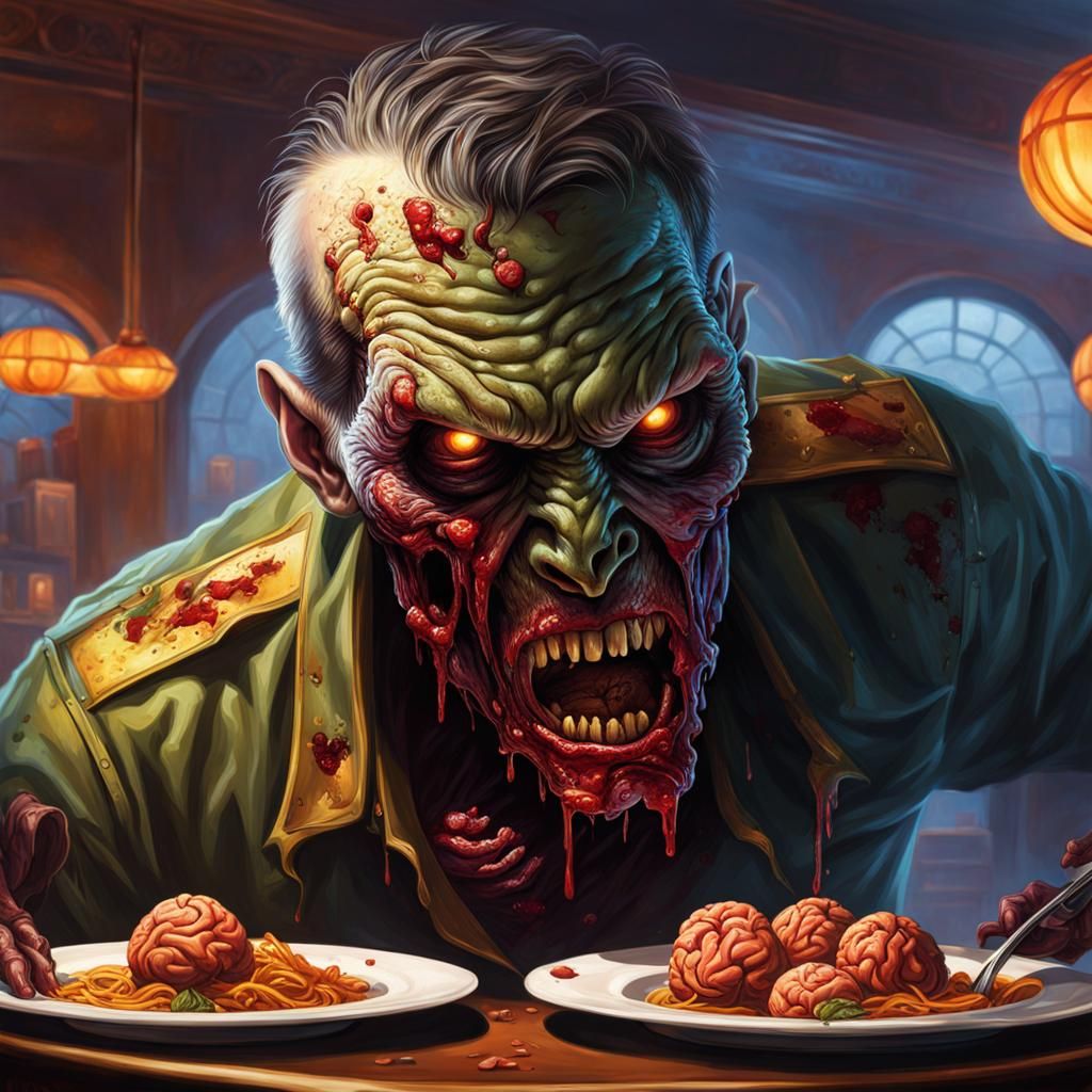 Zombie, eating brains, in restaurant