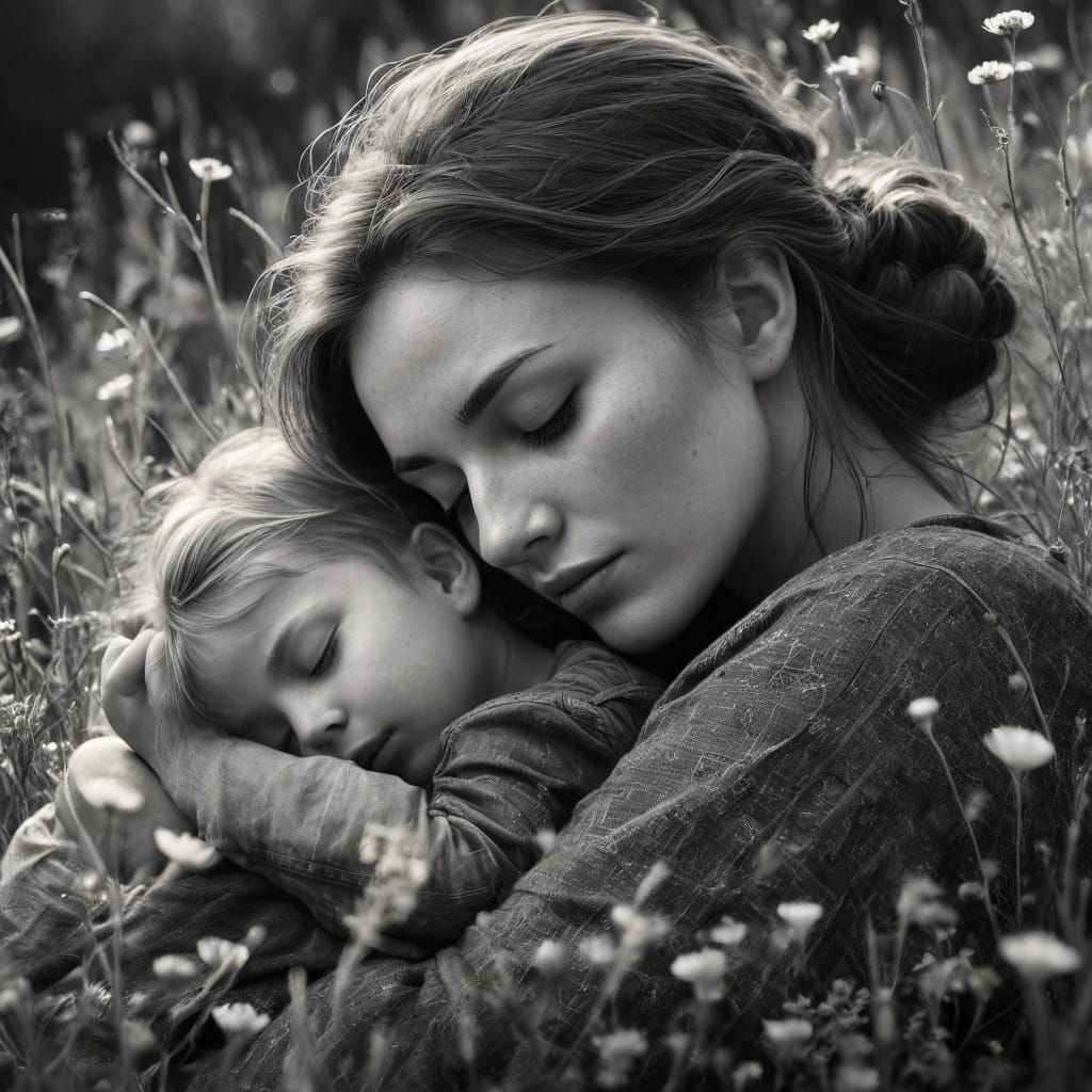 Serene Mother and Child Charcoal Drawing