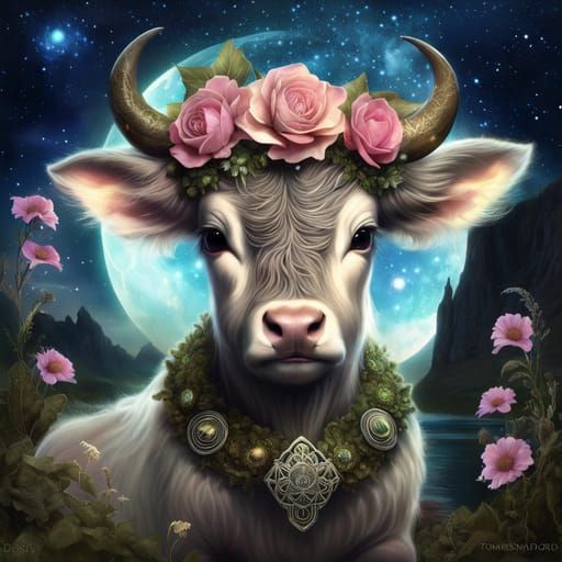 Taurus Calf Druid in Starry Night Fantasy
