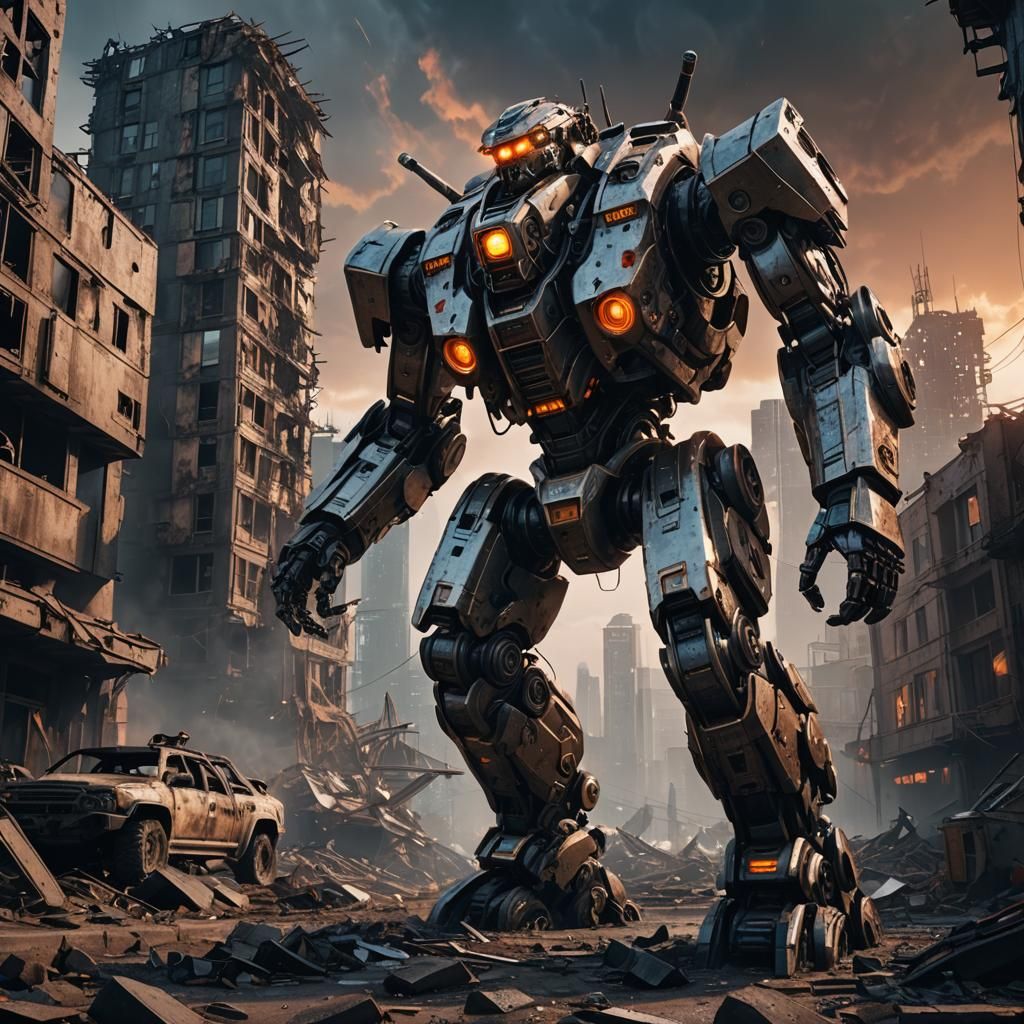 Sci-Fi Robot in Apocalyptic Cityscape