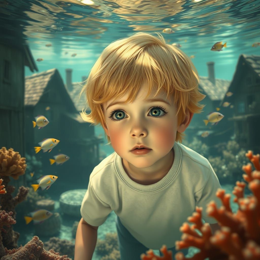 Boy Submerged in Underwater Village, Digital Painting