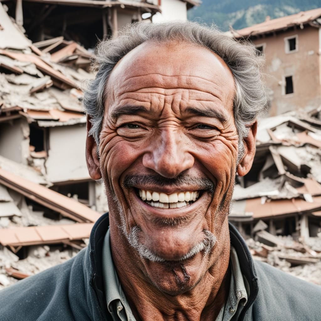 Smiling Man Amidst Earthquake Aftermath