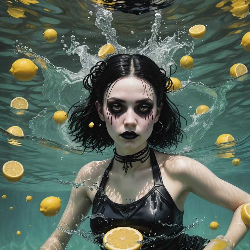 Goth girl swimming in lemonade, photorealistic