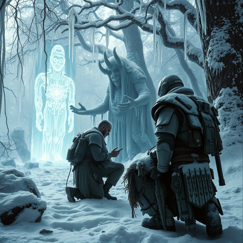 Futuristic Soldier and Oracle in Winter Grove