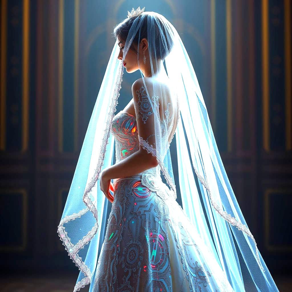 Glamorous Futuristic Bride in Shimmering Wedding Attire